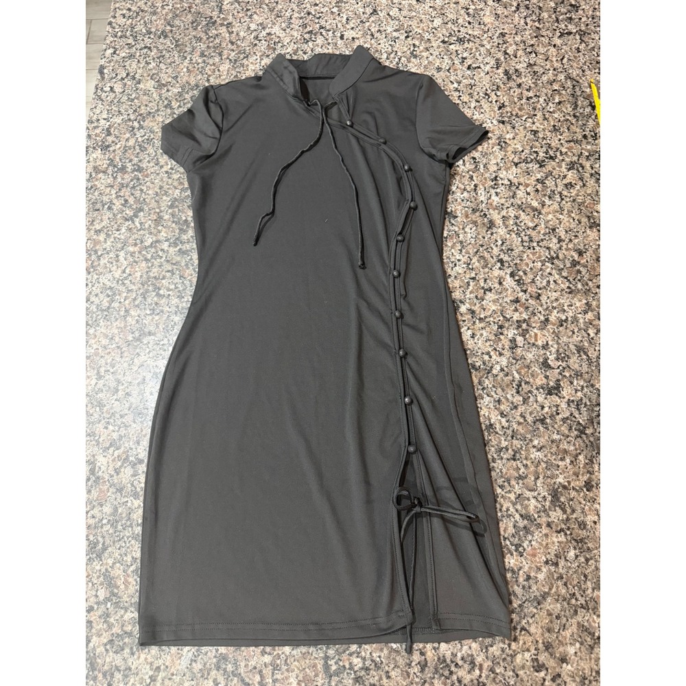 Black Short Sleeve Frog Button Asymmetrical Mini Dress Mandarin Collar Size L